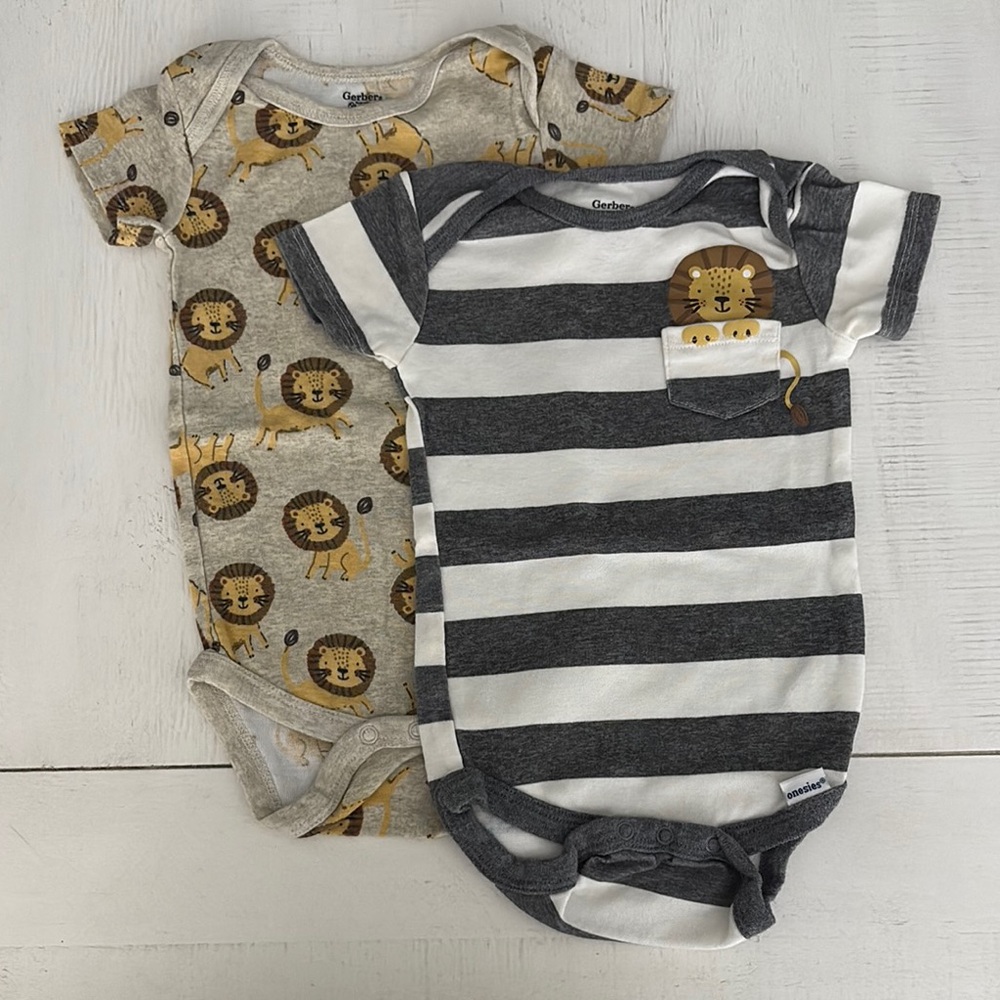 Gerber Gray and White Striped Bodysuit with Lion Design
